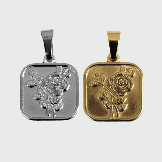 Silver or Gold Stainless Steel Flower Square Pendant - Boutique Wear RENN