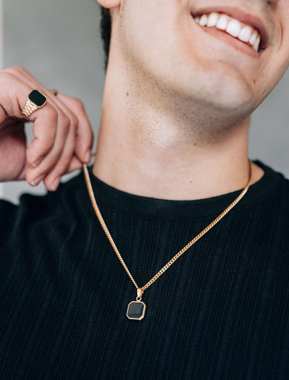 Gold Black Square Pendant Necklace 3mm Curb Chain For Men or Women  Pendant Necklace - Boutique Wear RENN