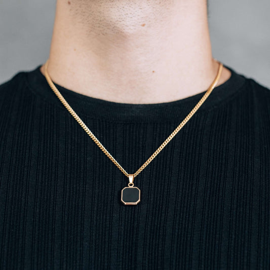 Gold Black Square Pendant Necklace 3mm Curb Chain For Men or Women  Pendant Necklace - Boutique Wear RENN