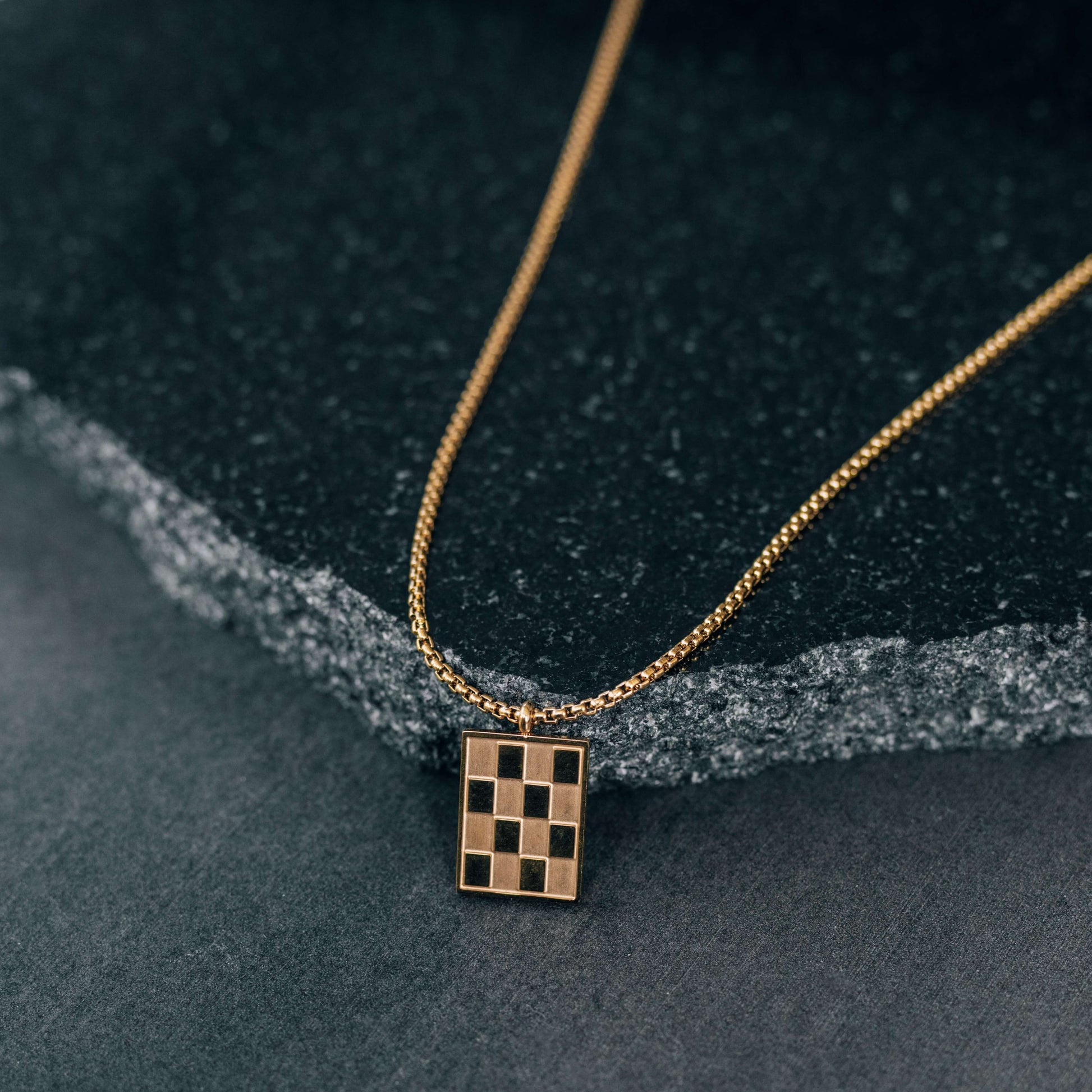 Gold Rectangle Checkered Pendant Necklace 2mm Box Chain For Men or Women