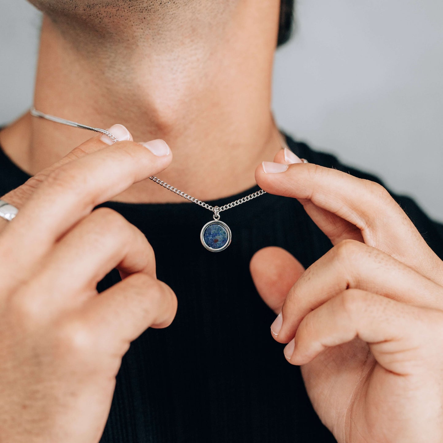 Silver Stainless Steel Blue or Brown Round Pendant Necklace For Men - Boutique Wear RENN