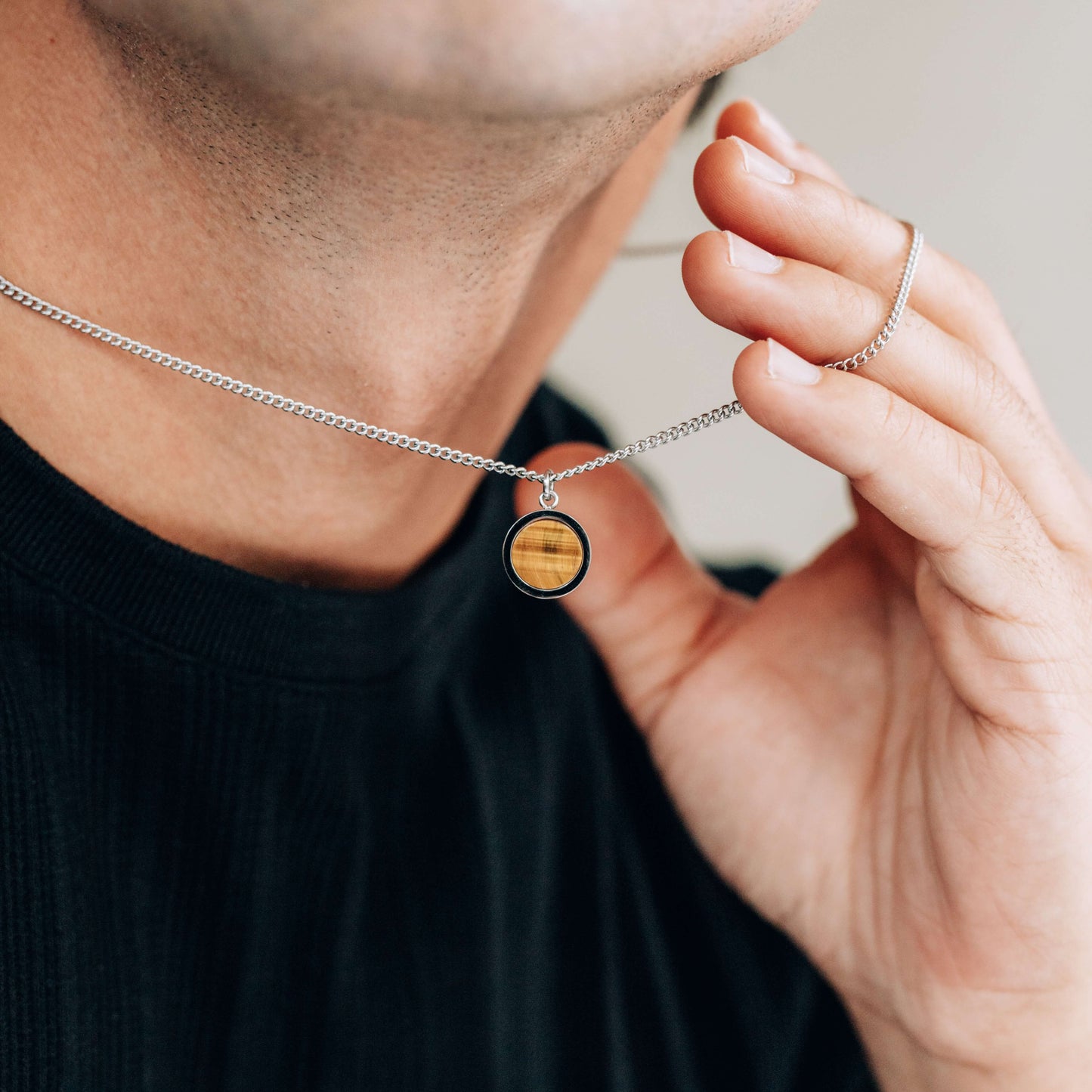 Silver Stainless Steel Blue or Brown Round Pendant Necklace For Men - Boutique Wear RENN