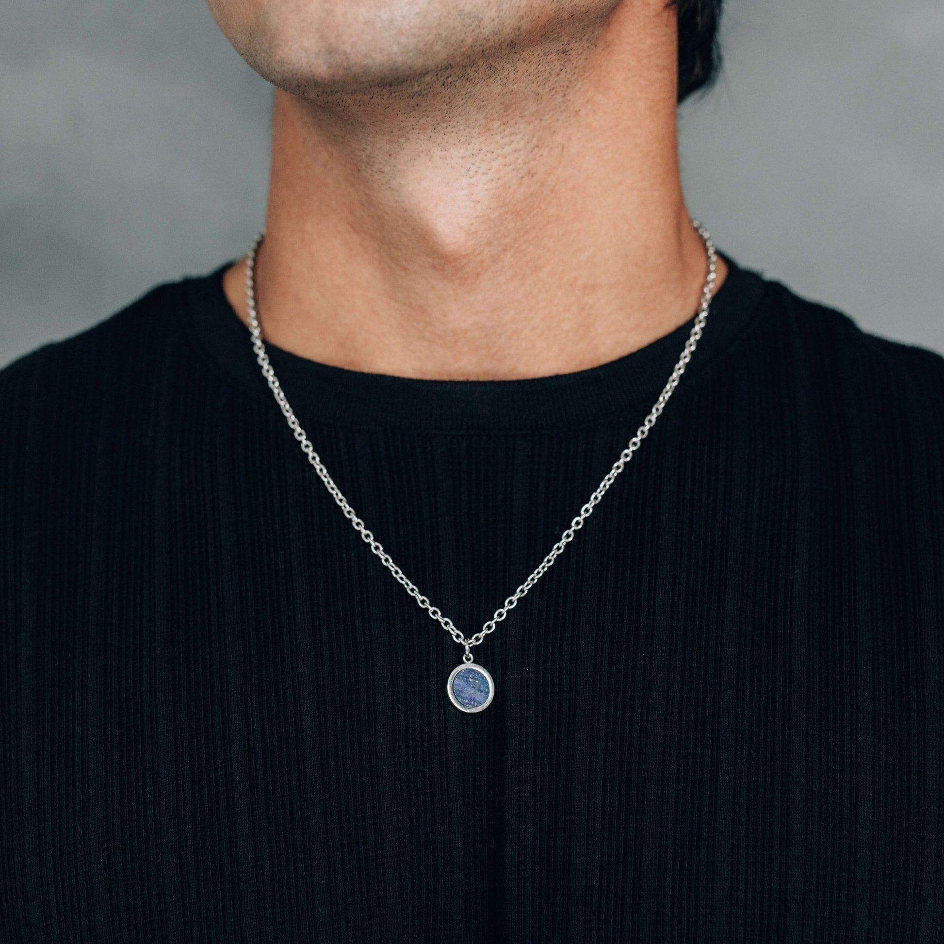 Silver Stainless Steel Blue or Brown Round Pendant Necklace For Men - Boutique Wear RENN