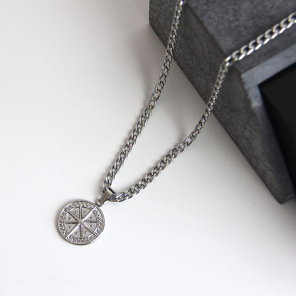 Silver Compass Pendant Necklace Box Chain or 4mm Curb Chain For Men or Women