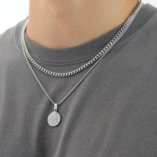 Silver Necklace Set for Men : Coin Pendant Necklace and 5mm Cuban Curb Chain