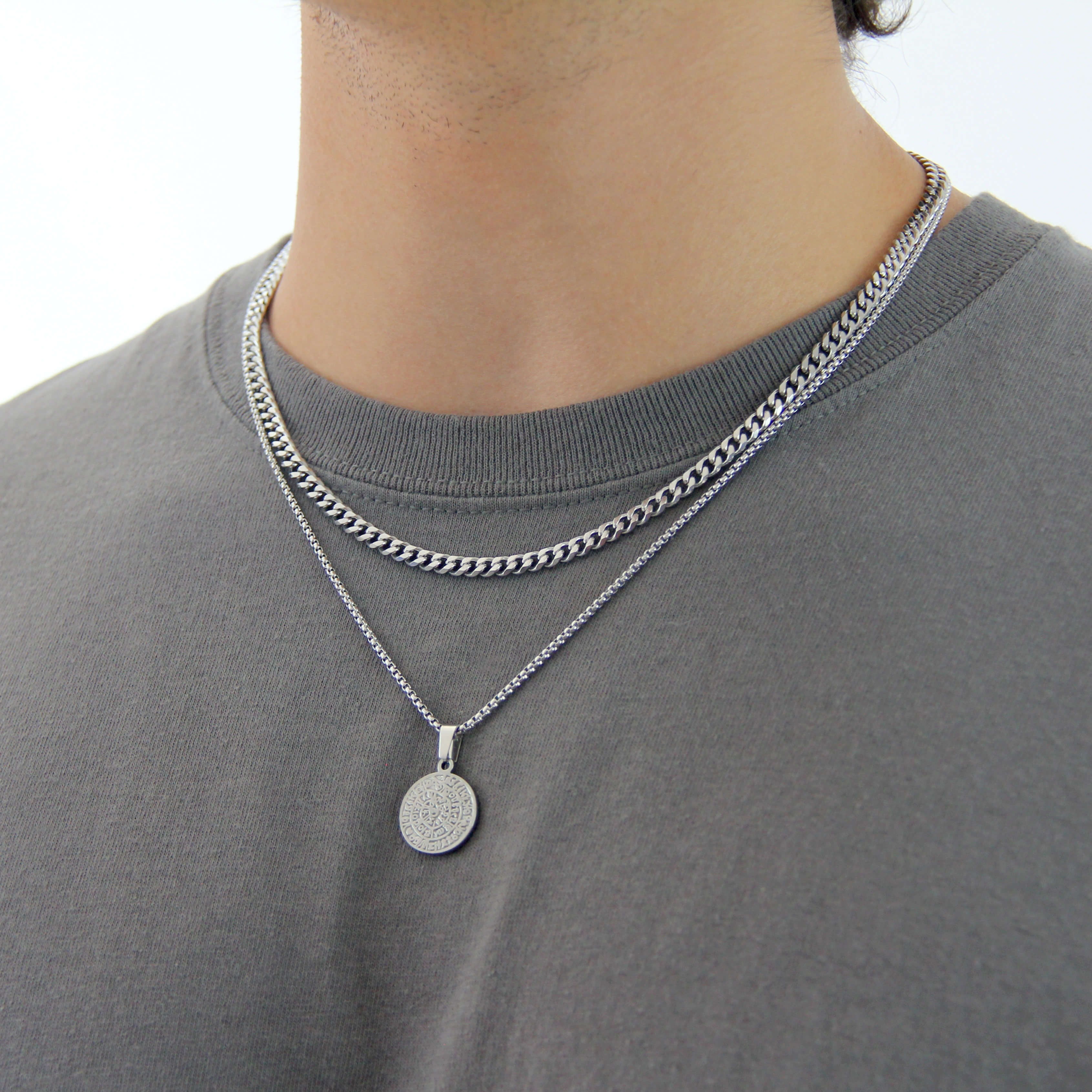 Silver Necklace Set for Men Coin Pendant Necklace and 5mm Cuban