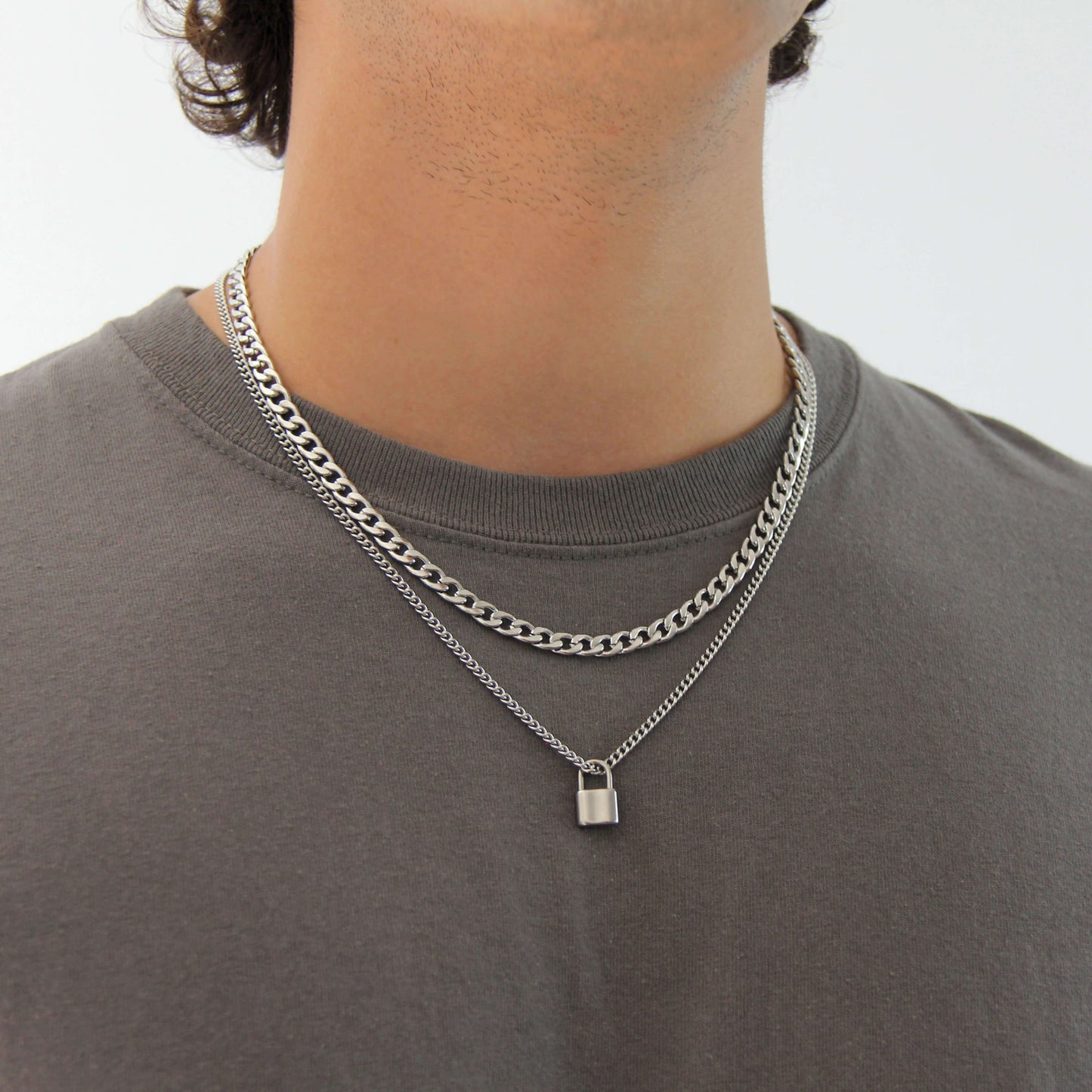 Silver Necklace Set For Men : 6mm Curb Chain and Lock Pendant Necklace - Boutique Wear RENN