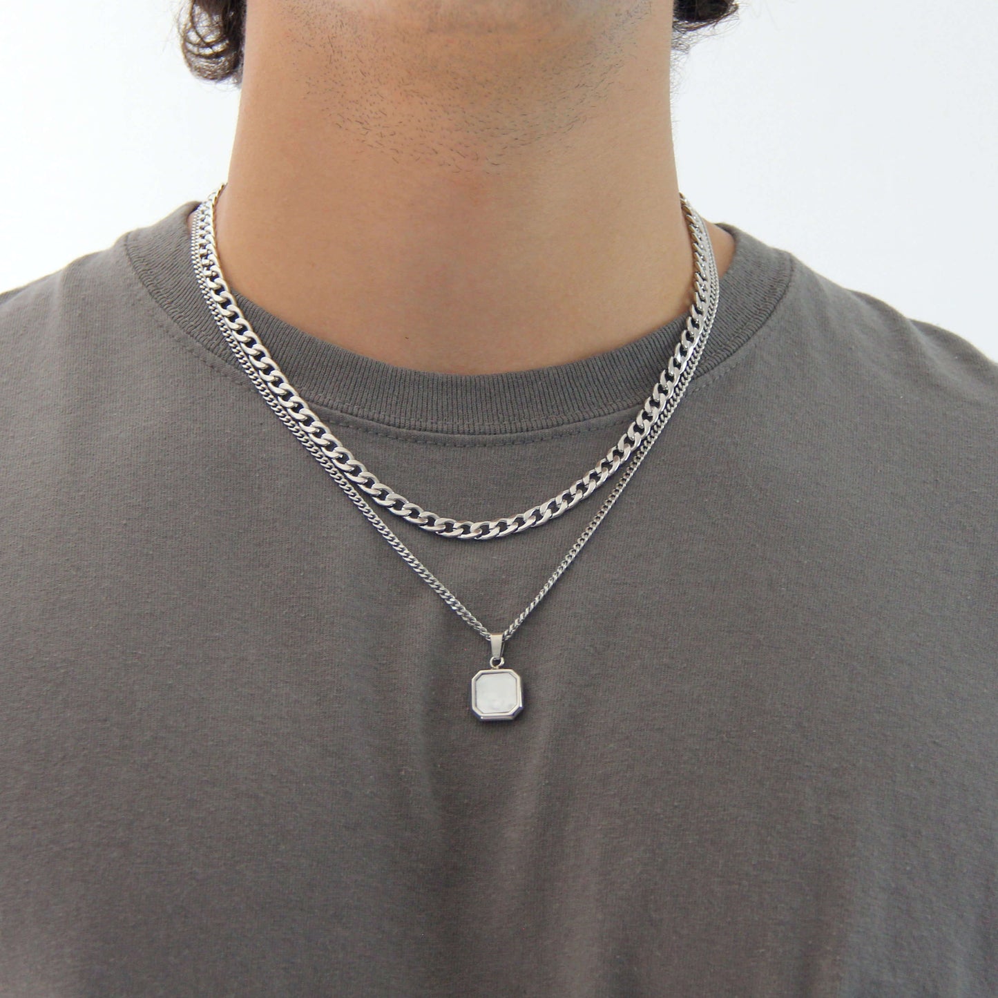 Silver Necklace Set for Men : Black or White Square Pendant Necklace and 6mm Curb Chain - Necklace Set - Boutique Wear RENN