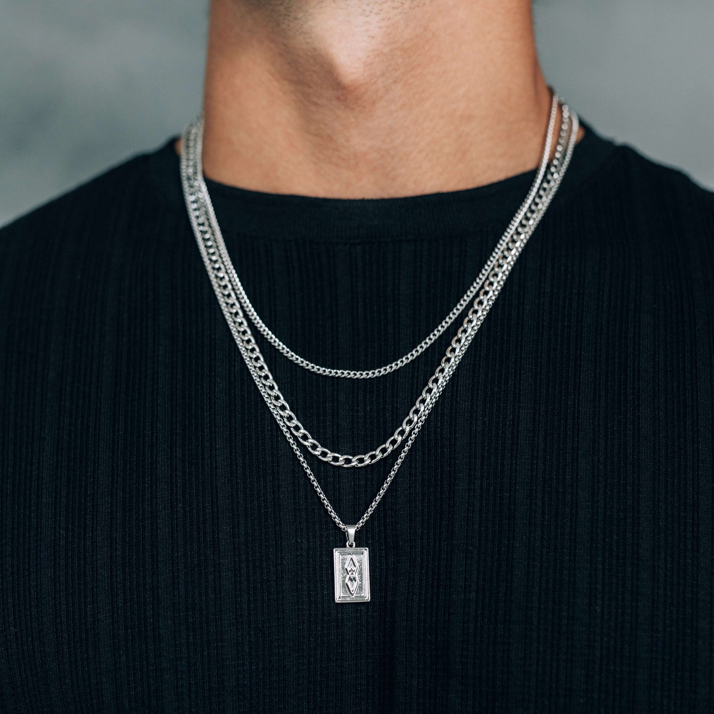 Silver Necklace Set (3 pieces): 3mm Curb Chain, 4mm Curb Chain and Rectangle Pendant Necklace - Boutique Wear RENN