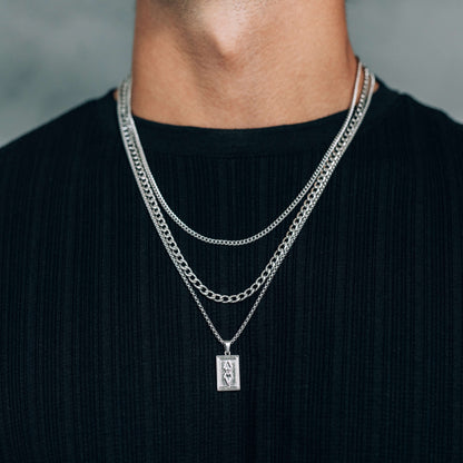 Silver Necklace Set (3 pieces): 3mm Curb Chain, 4mm Curb Chain and Rectangle Pendant Necklace - Boutique Wear RENN