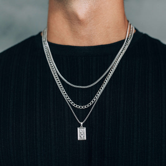 Silver Necklace Set (3 pieces): 3mm Curb Chain, 4mm Curb Chain and Rectangle Pendant Necklace - Boutique Wear RENN