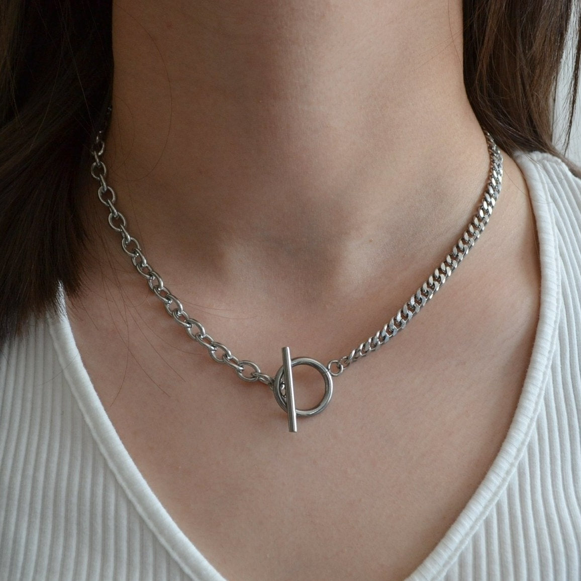 Chunky Silver Double Chain Toggle Necklace For Women or Men