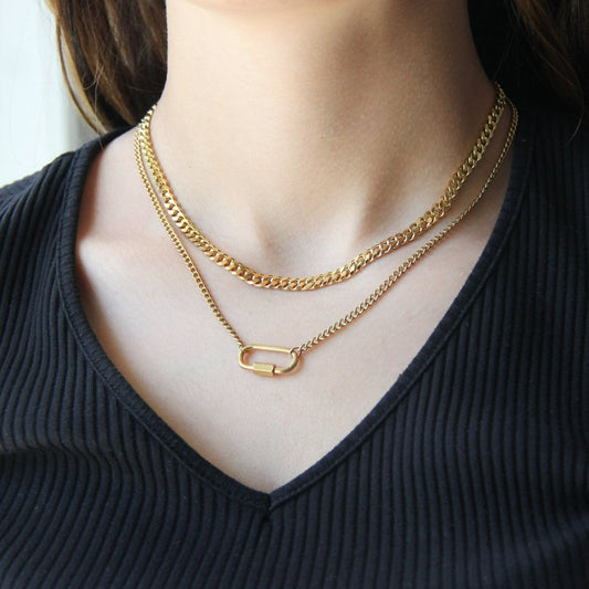 Chunly Gold Necklace Set For Women or Men - 5mm Cuban Curb Chain and Carabiner Pendant Necklace - Necklace - Boutique Wear RENN