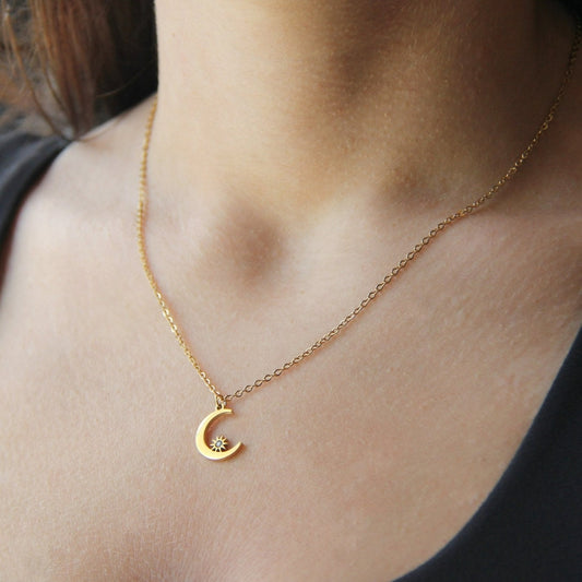 Dainty Gold Moon and Star Pendant Necklace For Women - Necklace - Boutique Wear RENN