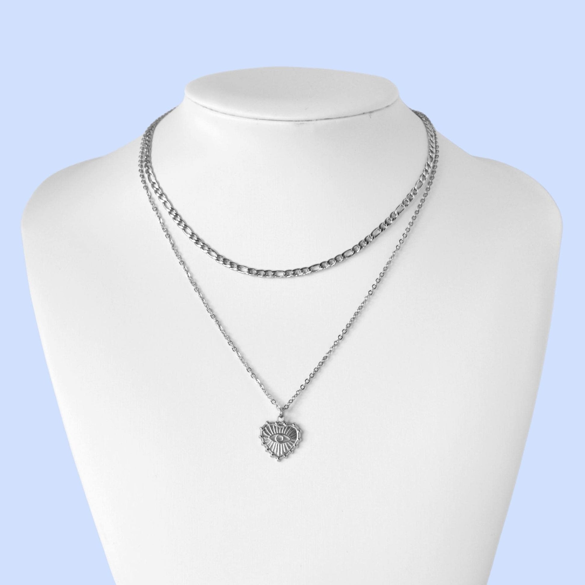 Dainty Silver Necklace Set For Women - Evil Eye Heart Pendant Necklace & 3mm Figaro Chain - Necklace - Boutique Wear RENN