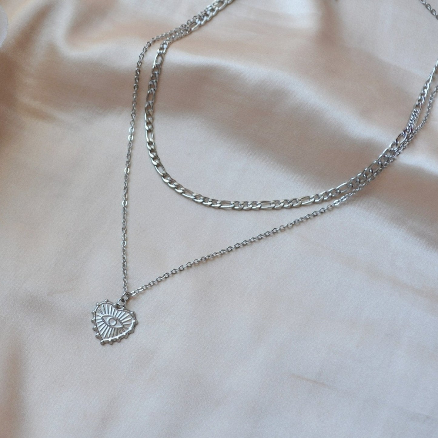 Dainty Silver Necklace Set For Women - Evil Eye Heart Pendant Necklace & 3mm Figaro Chain - Necklace - Boutique Wear RENN