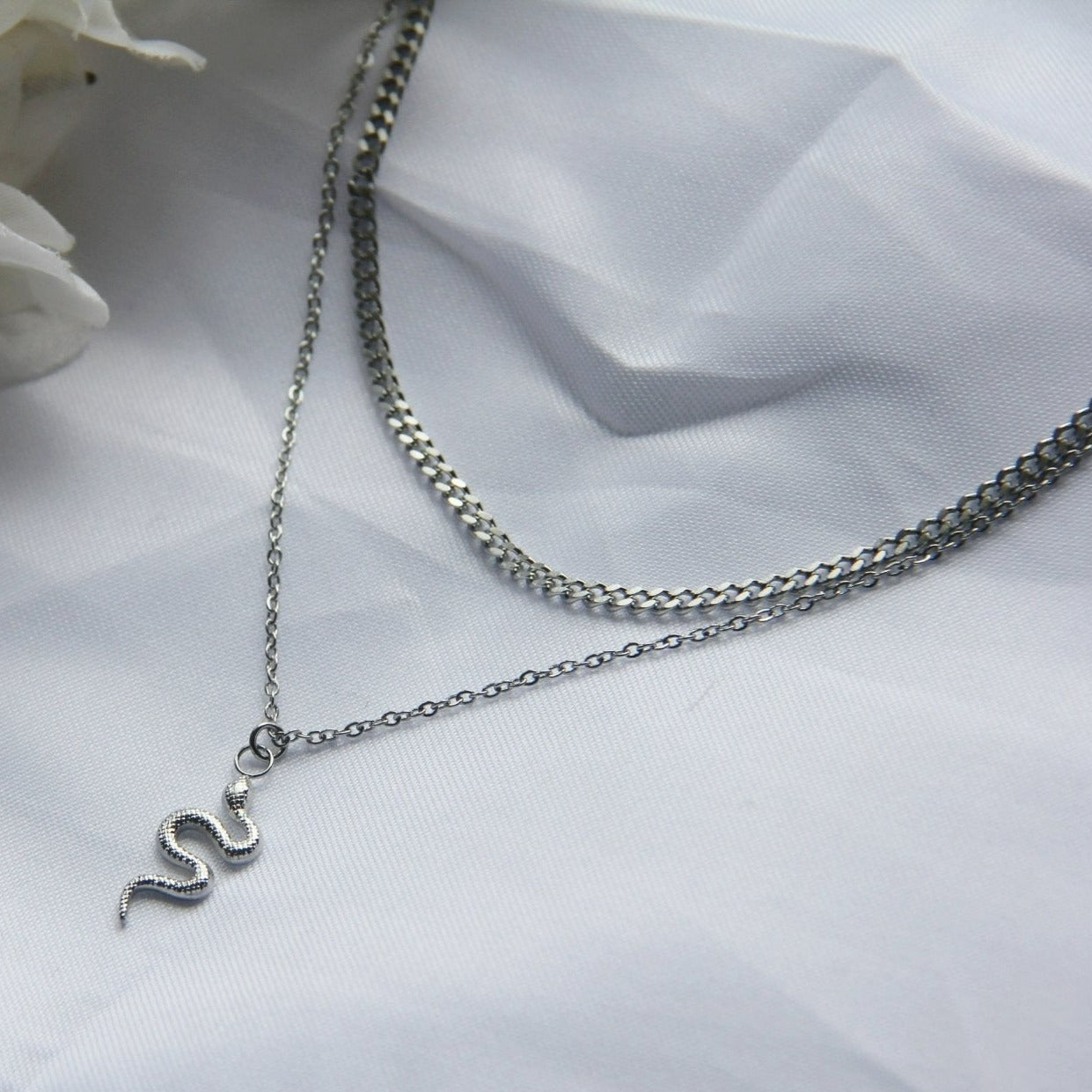 Dainty Silver Necklace Set For Women - Snake Pendant Necklace & 3mm Curb Chain - Necklace - Boutique Wear RENN