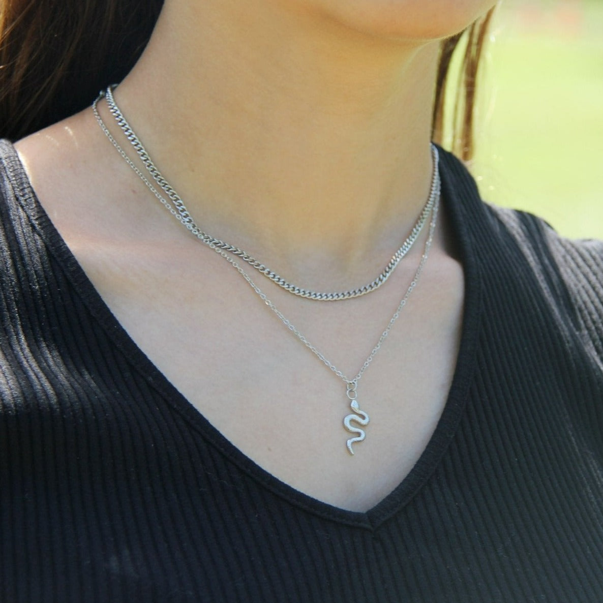 Dainty Silver Necklace Set For Women - Snake Pendant Necklace & 3mm Curb Chain - Necklace - Boutique Wear RENN