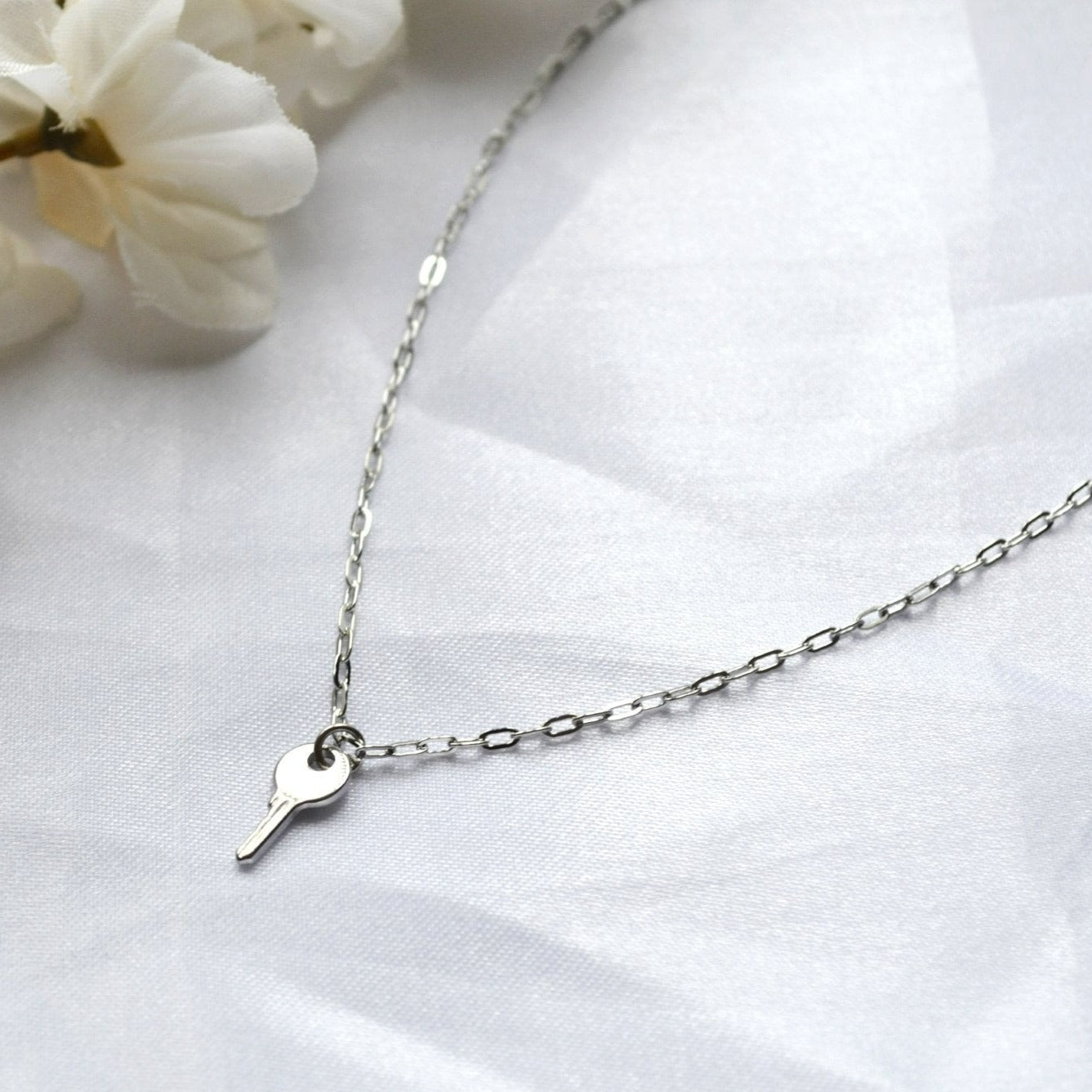 Dainty Silver or Gold Key Pendant Necklace Mini Paperclip Chain For Women