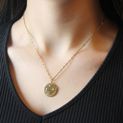 Gold Evil Eye Coin Pendant Necklace Mini Paperclip Chain For Women - Necklace - Boutique Wear RENN