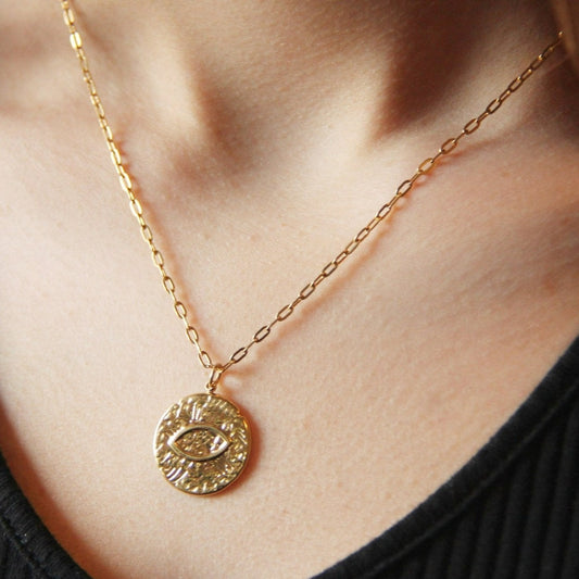 Gold Evil Eye Coin Pendant Necklace Mini Paperclip Chain For Women - Necklace - Boutique Wear RENN