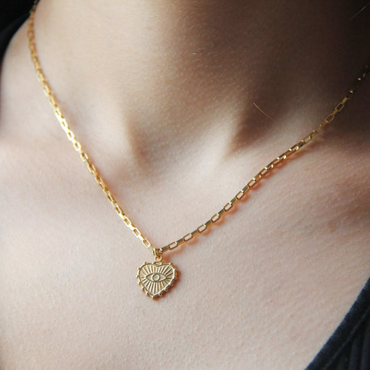Gold Evil Eye Heart Pendant Necklace Box Chain For Women - Necklace - Boutique Wear RENN
