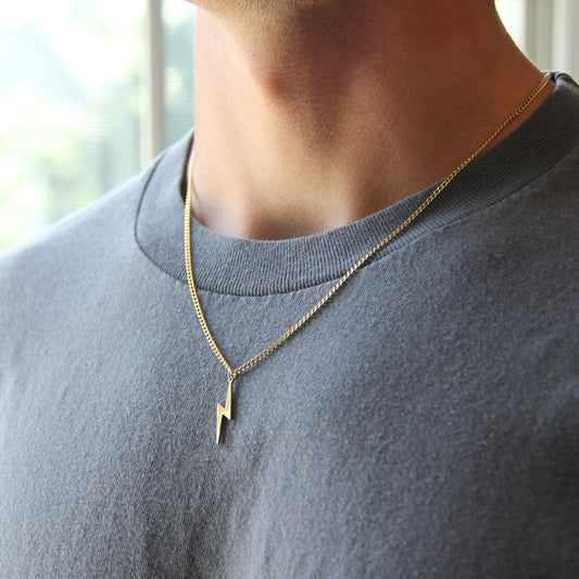 Gold Lightning Bolt Pendant Necklace Curb Chain For Men or Women - Necklace - Boutique Wear RENN