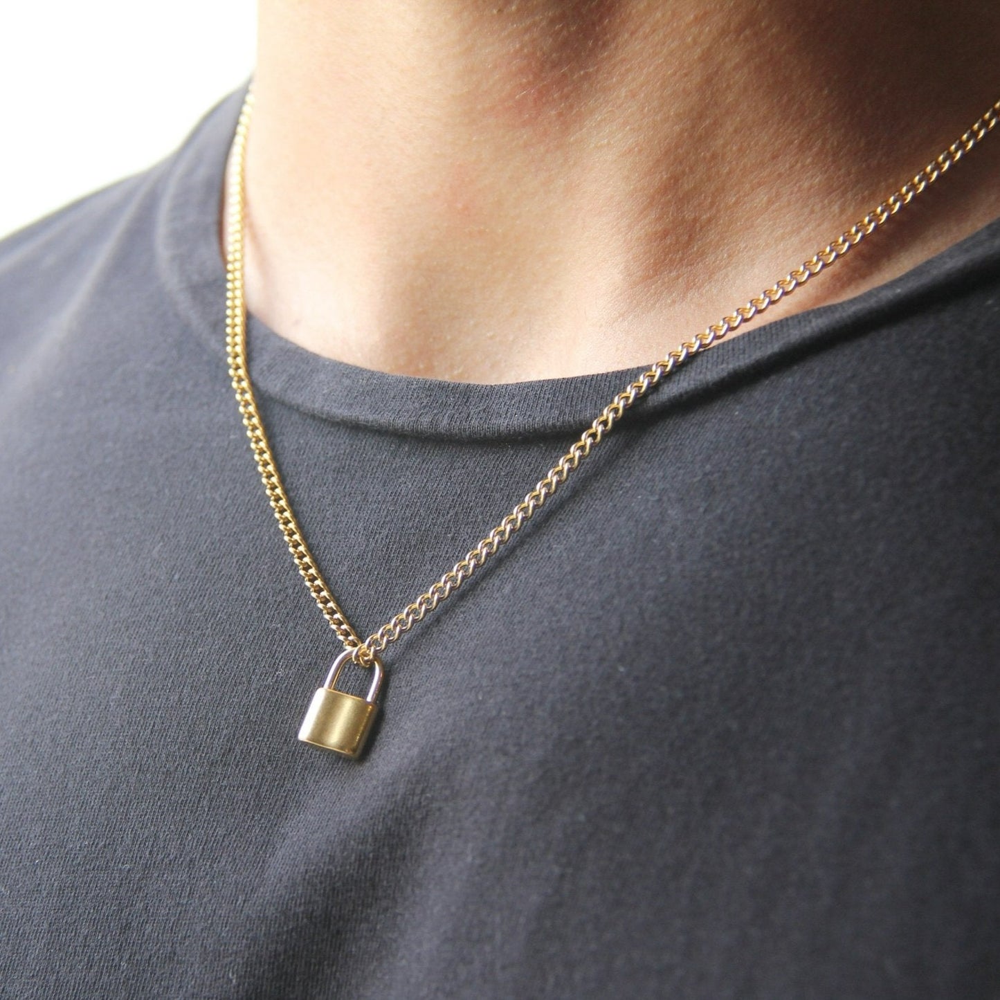 Gold Lock Pendant Necklace Curb Chain For Men or Women