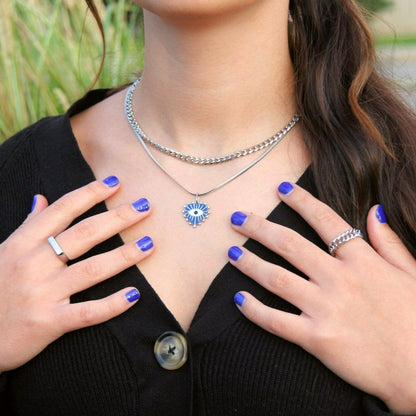 Silver Blue Or Black Evil Eye Heart Pendant Necklace Flat Snake Chain For Women - Necklace - Boutique Wear RENN