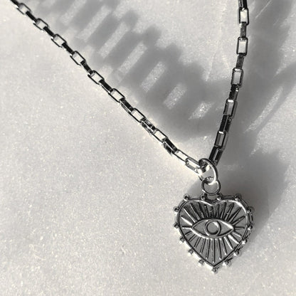 Silver Evil Eye Heart Pendant Necklace Box Chain For Women - Necklace - Boutique Wear RENN