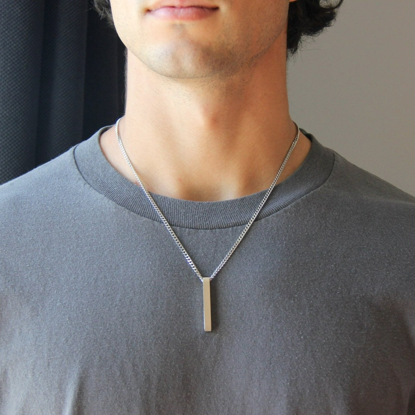 Silver Long Bar Pendant Necklace 3mm Curb Chain For Men - Necklace - Boutique Wear RENN