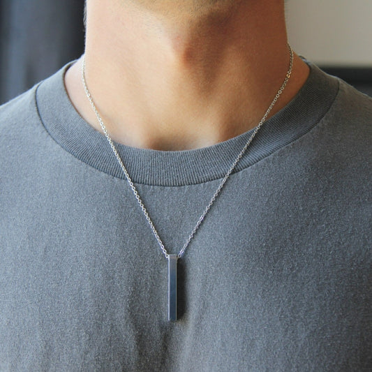 Silver Long Bar Pendant Necklace Rolo Chain For Men - Necklace - Boutique Wear RENN