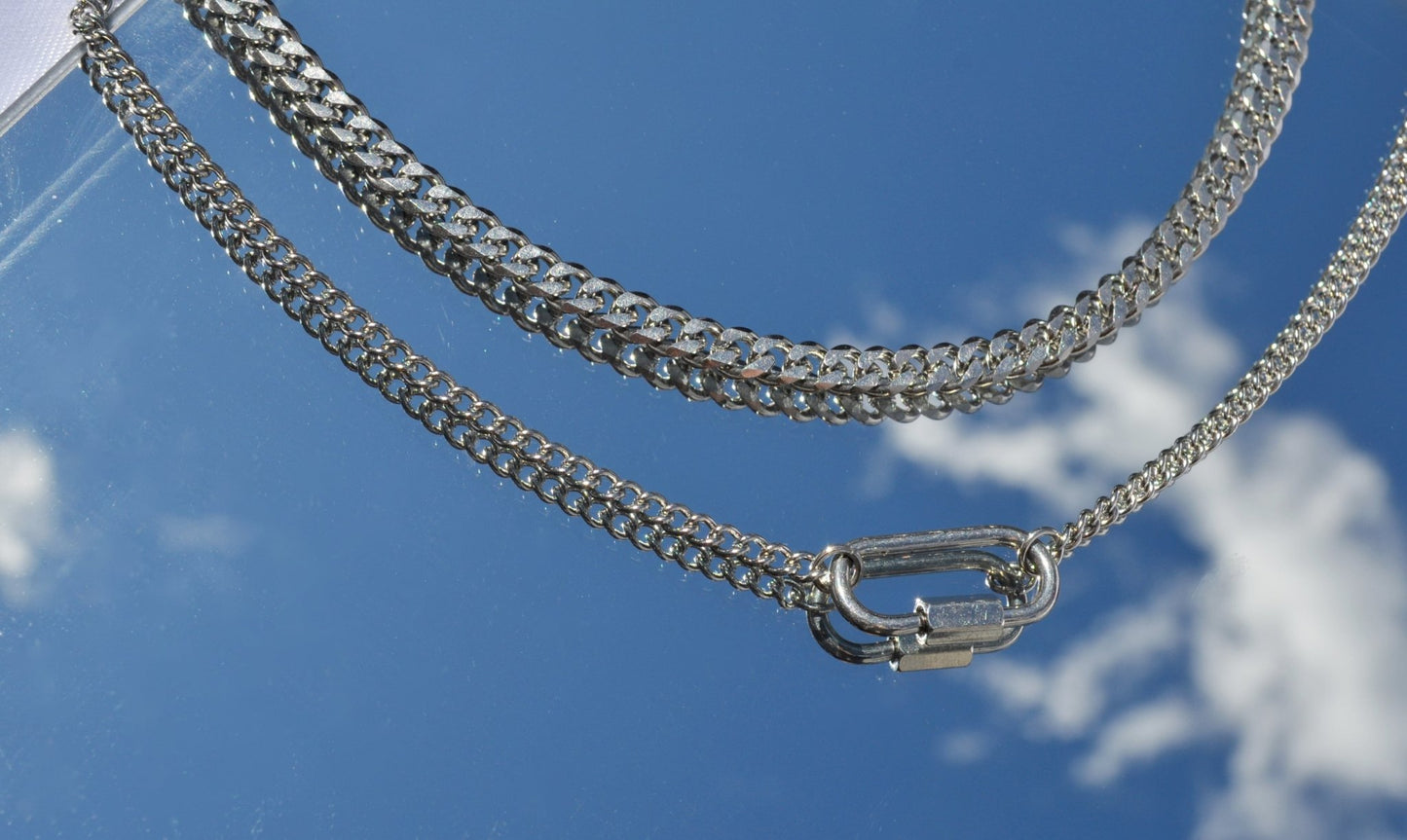 Silver Necklace Set For Women or Men - 5mm Cuban Curb Chain Carabiner Pendant Necklace - Necklace - Boutique Wear RENN