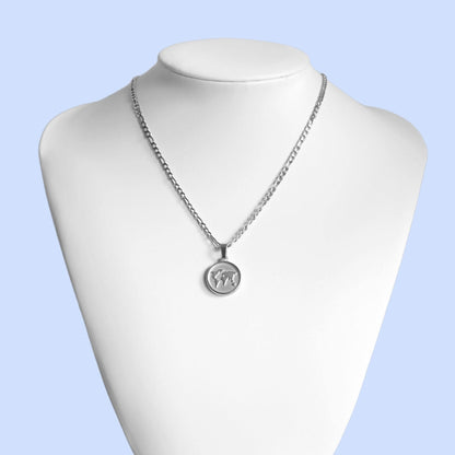 Silver World Map Coin Pendant Necklace 3mm Figaro Chain For Men or Women - Necklace - Boutique Wear RENN