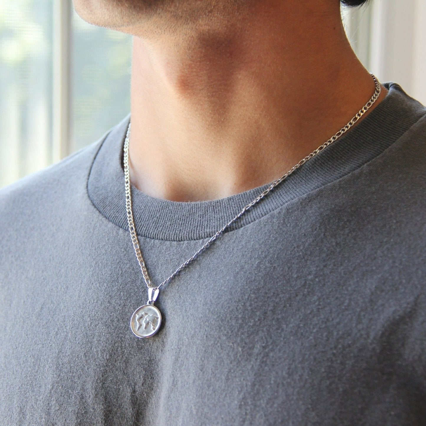 Silver World Map Coin Pendant Necklace 3mm Figaro Chain For Men or Women -  Boutique Wear RENN
